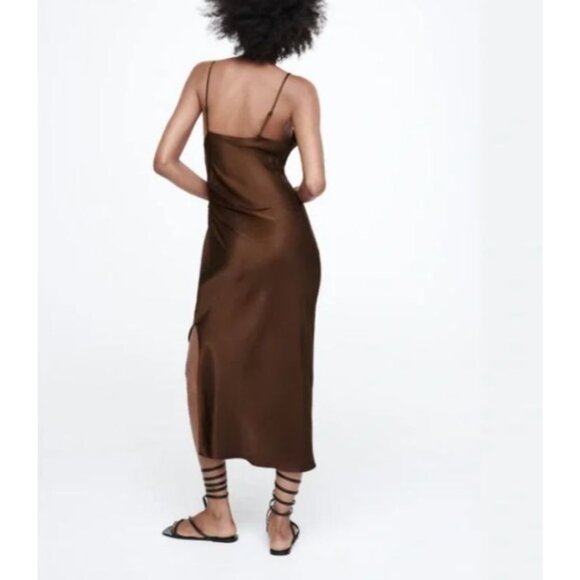 Zara Brown Surplice V-neck Satin Slip Midi Dress Side Slit Size Small - Picture 3 of 12
